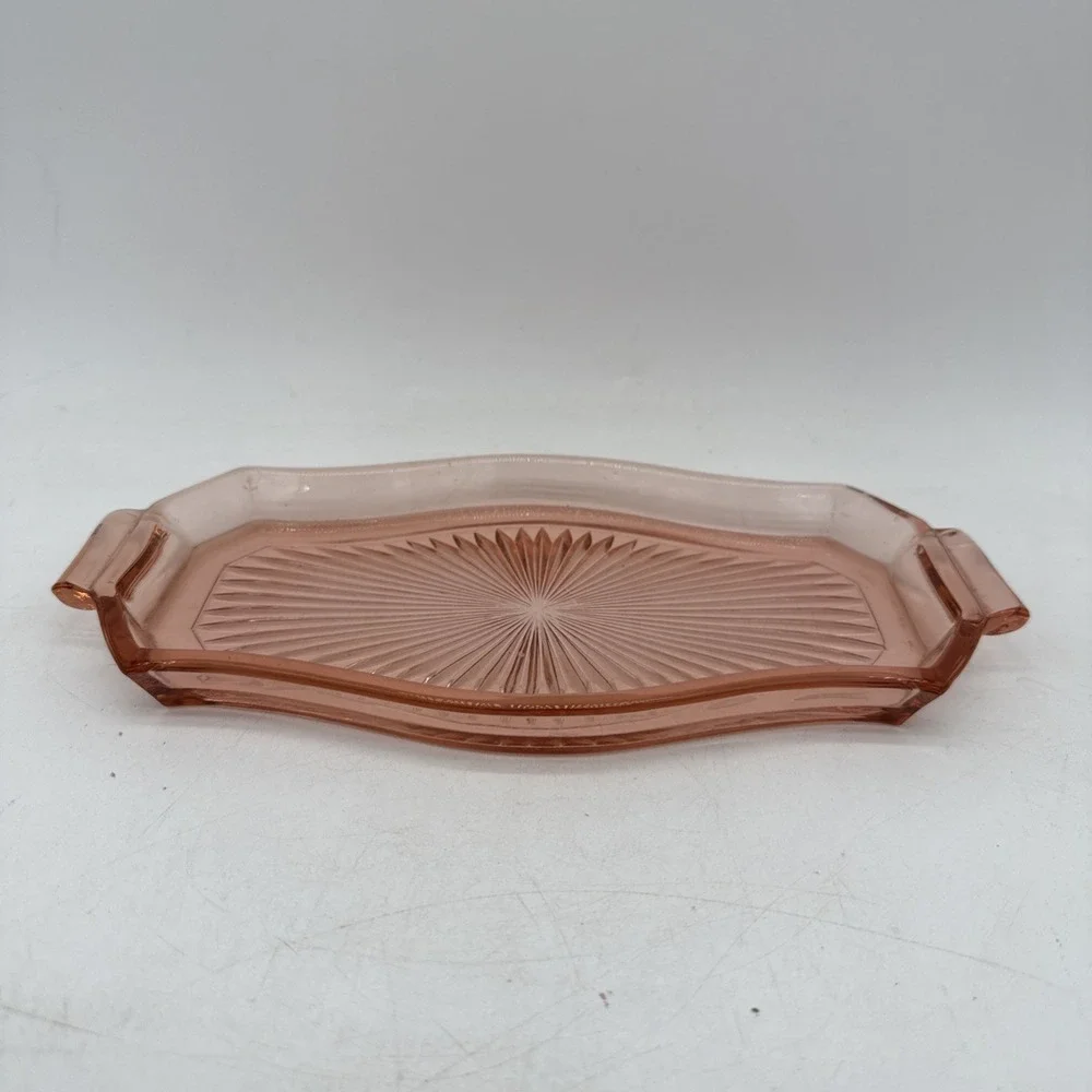 Vintage Pink Depression Glass Tab Handle Starburst Deco Platter Vanity Tray A943